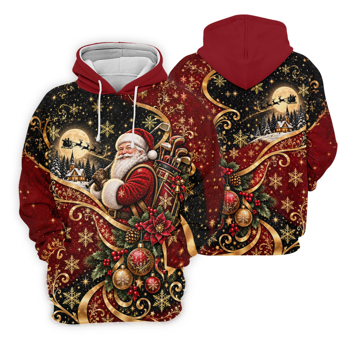 Golden Swirl Santa Golfer Christmas Golf Shirt, Womens Golf Tops, Ladies Golf Shirts
