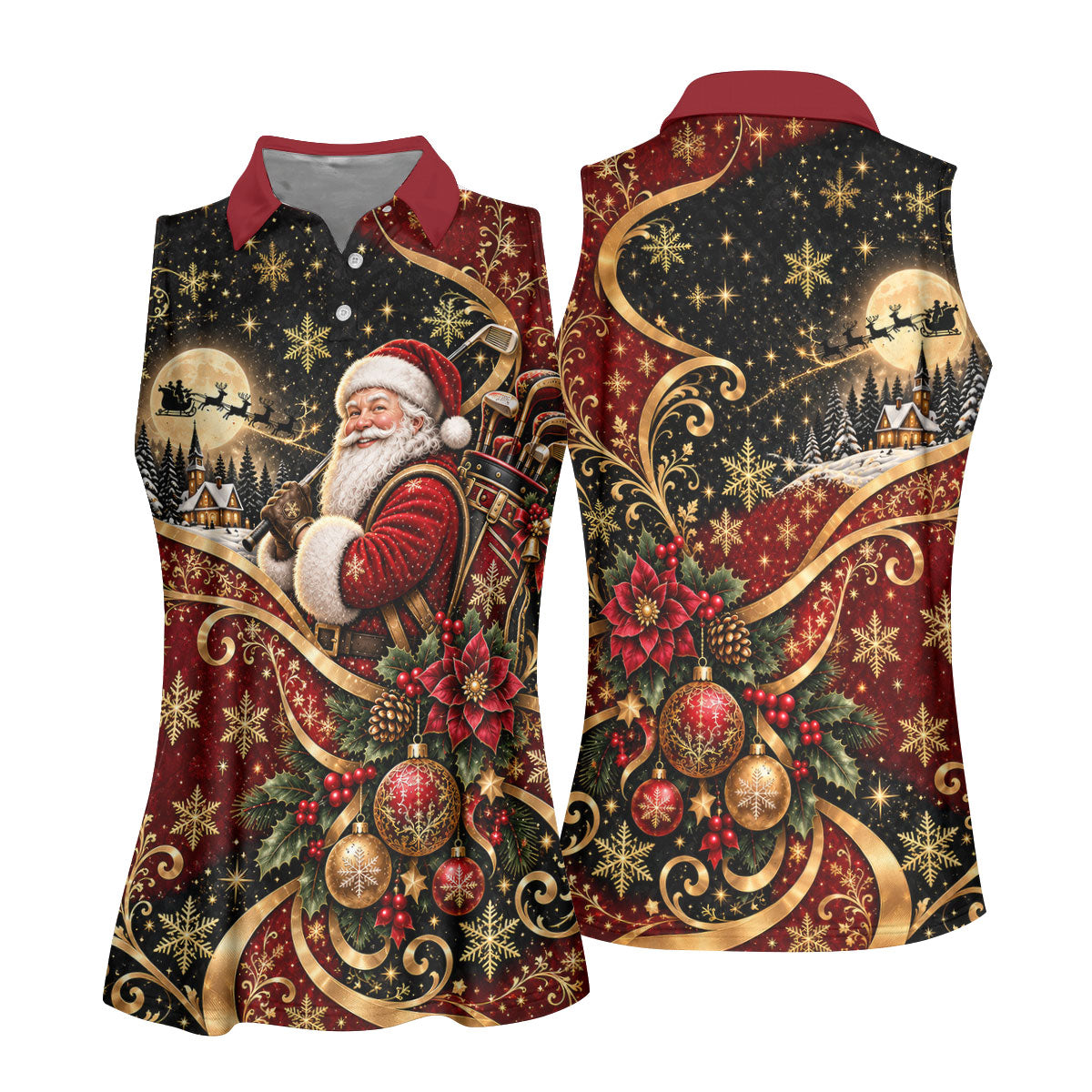 Golden Swirl Santa Golfer Christmas Golf Shirt, Womens Golf Tops, Ladies Golf Shirts