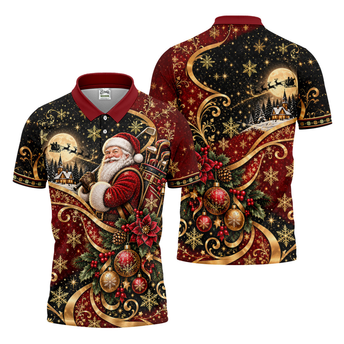 Golden Swirl Santa Golfer Christmas Golf Shirt, Mens Golf Polo, Golf Shirts For Men