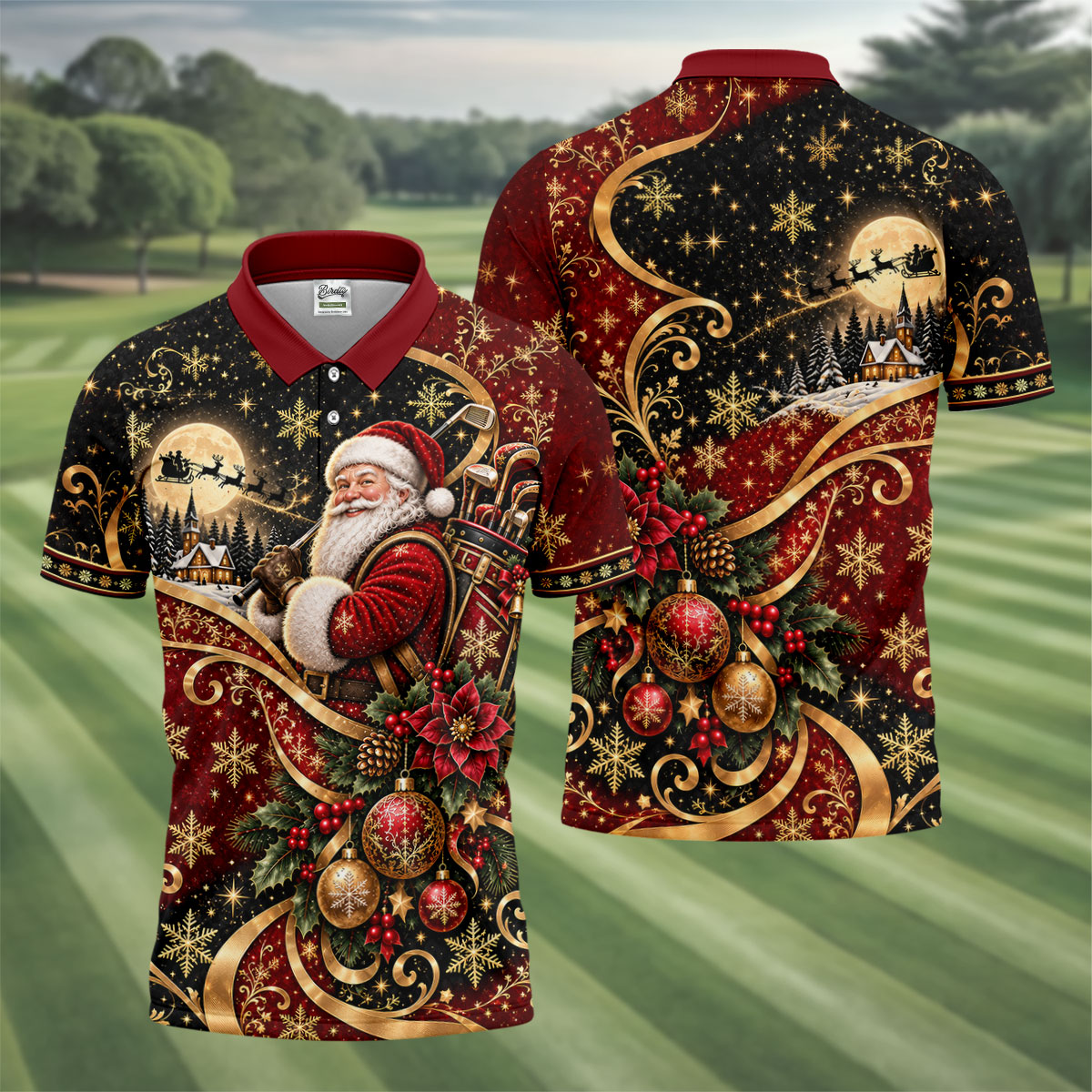 Golden Swirl Santa Golfer Christmas Golf Shirt, Mens Golf Polo, Golf Shirts For Men
