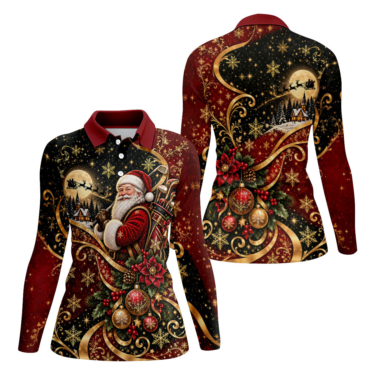 Golden Swirl Santa Golfer Christmas Golf Shirt, Womens Golf Tops, Ladies Golf Shirts