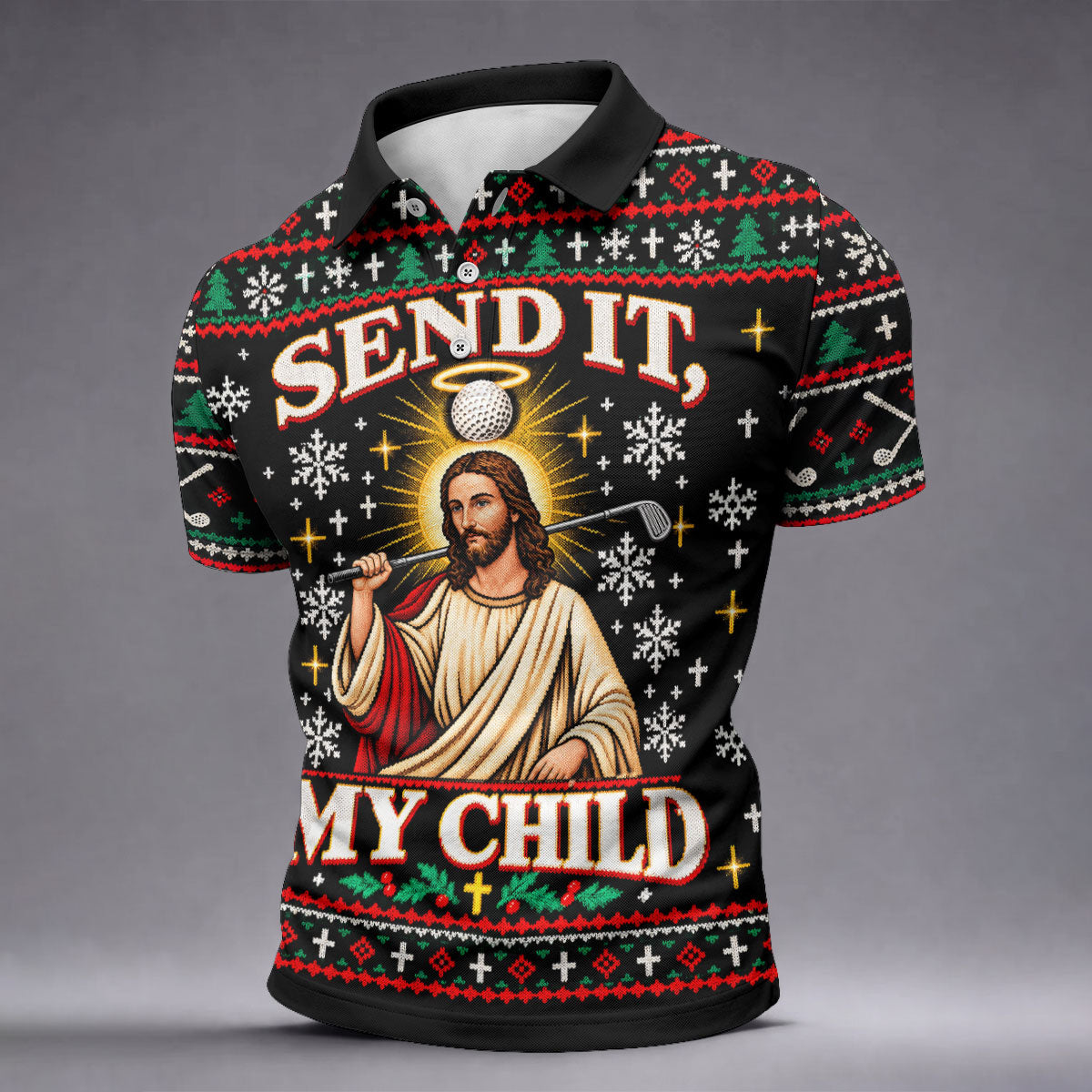 Send It Golf Halo Jesus Christmas Golf Shirt, Mens Golf Apparel, Golf Gifts For Men