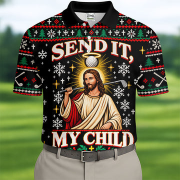 Send It Golf Halo Jesus Christmas Golf Shirt, Mens Golf Apparel, Golf Gifts For Men