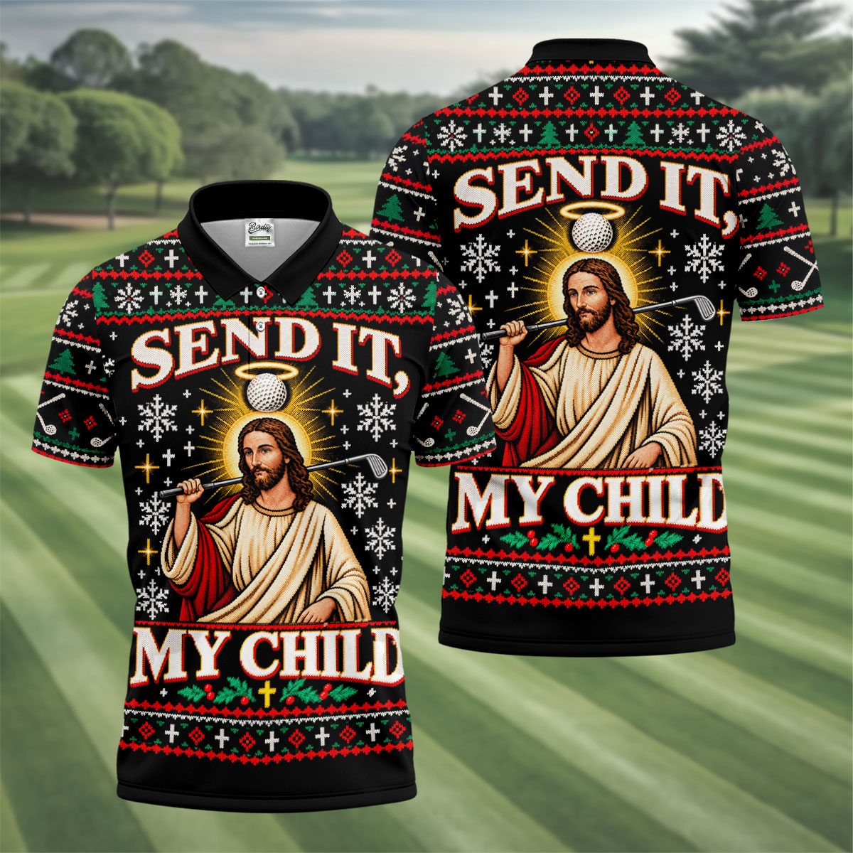 Send It Golf Halo Jesus Christmas Golf Shirt, Mens Golf Apparel, Golf Gifts For Men