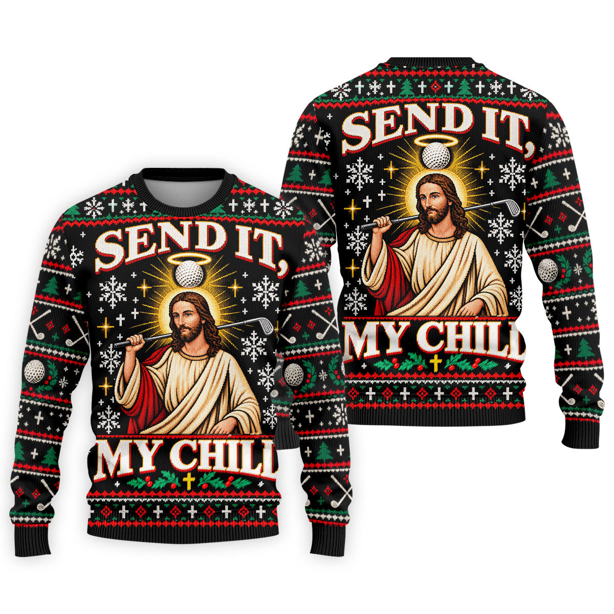Send It Golf Halo Jesus Christmas Golf Shirt, Mens Golf Apparel, Golf Gifts For Men