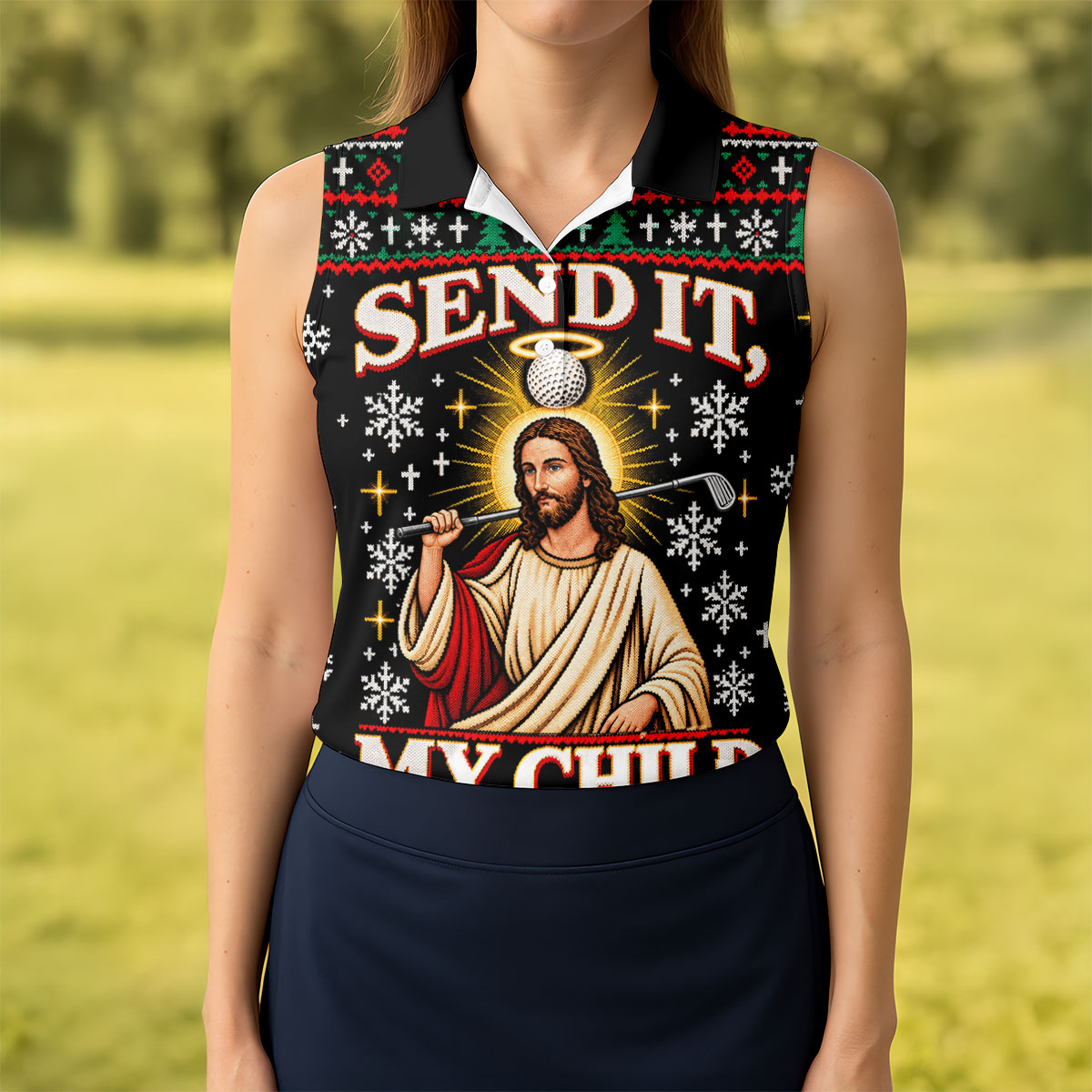 Send It Golf Halo Jesus Christmas Golf Shirt, Ladies Golf Tops, Womens Golf Clothing