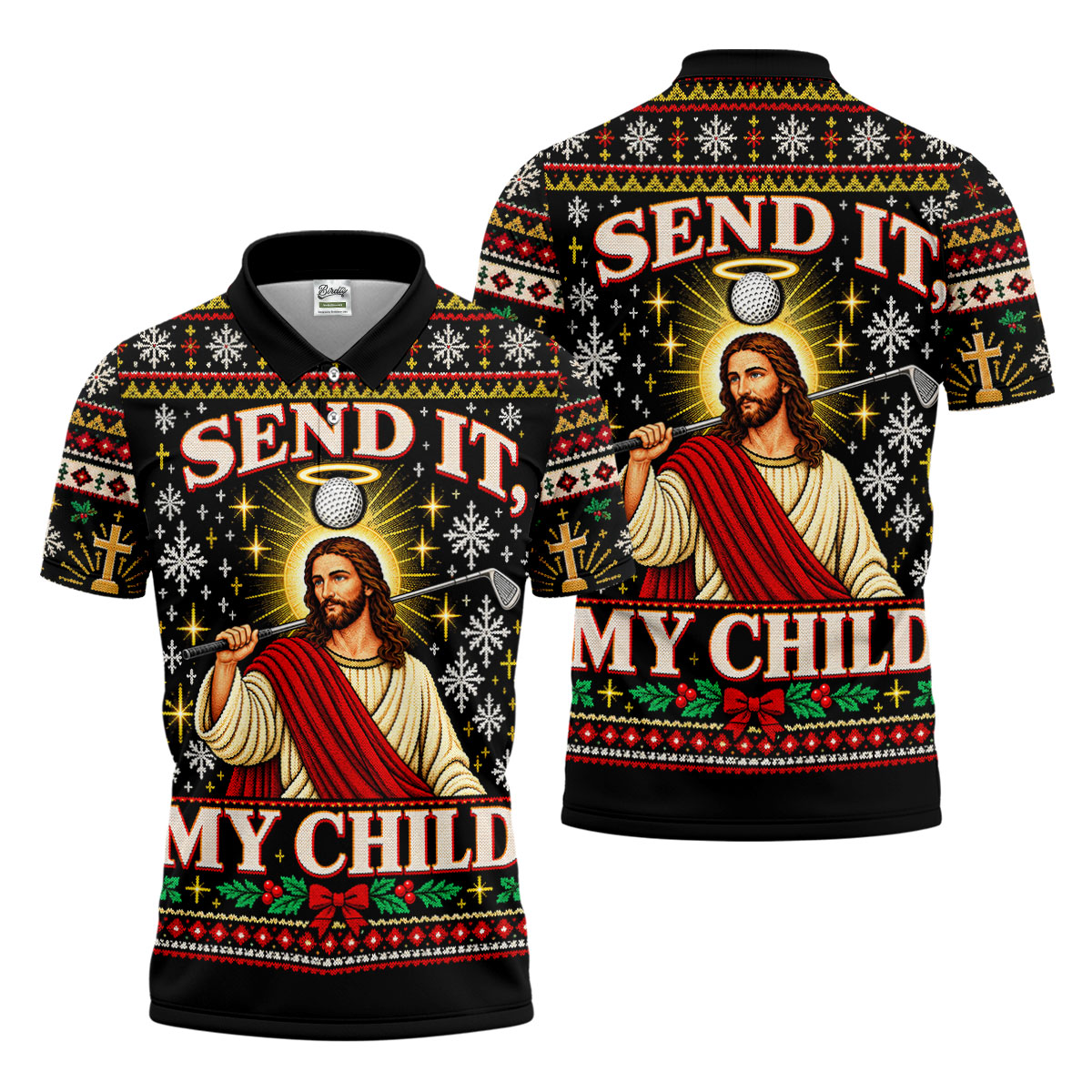 Send It My Child Jesus Christmas Golf Shirt, Mens Golf Polo, Mens Holiday Golf Shirts
