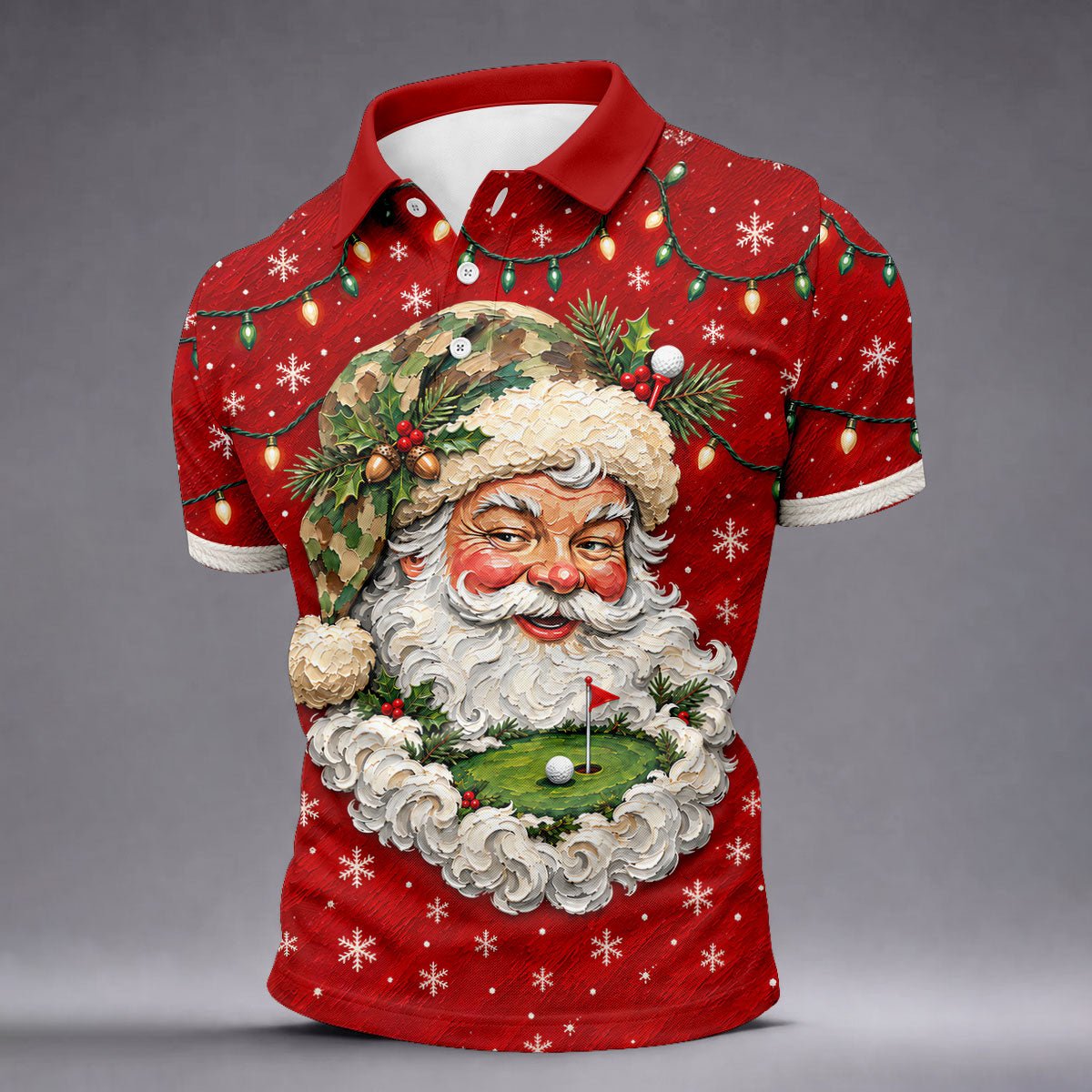 Camo Hat Santa Face Christmas Golf Shirt, Mens Holiday Golf Shirts, Mens Golf Apparel