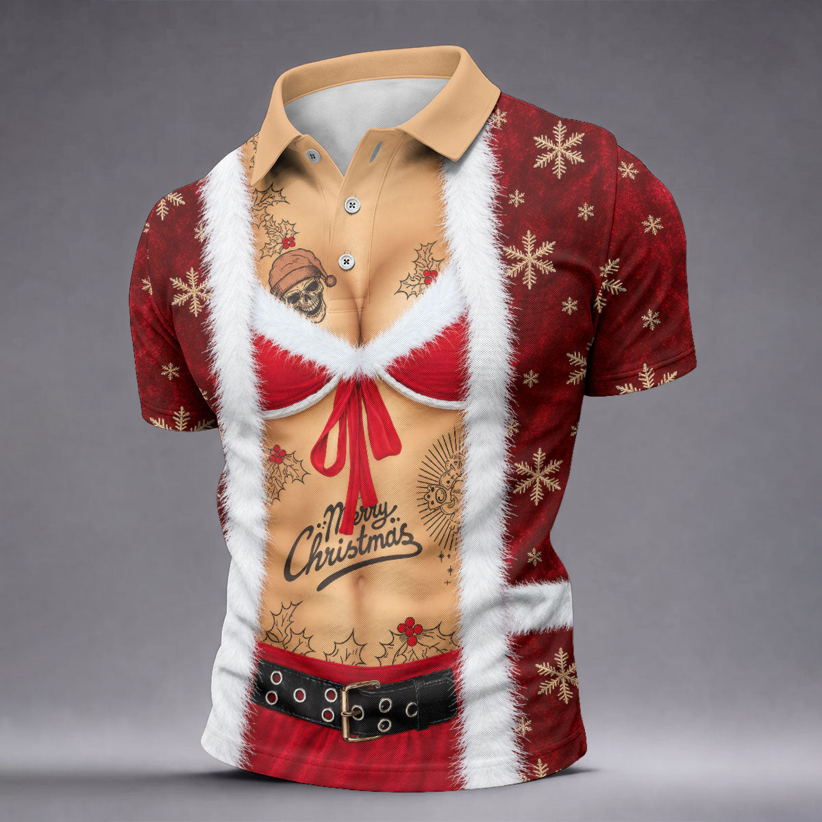 Merry Bikini Tattoo Santa Christmas Golf Shirt, Mens Golf Shirts, Mens Golf Apparel
