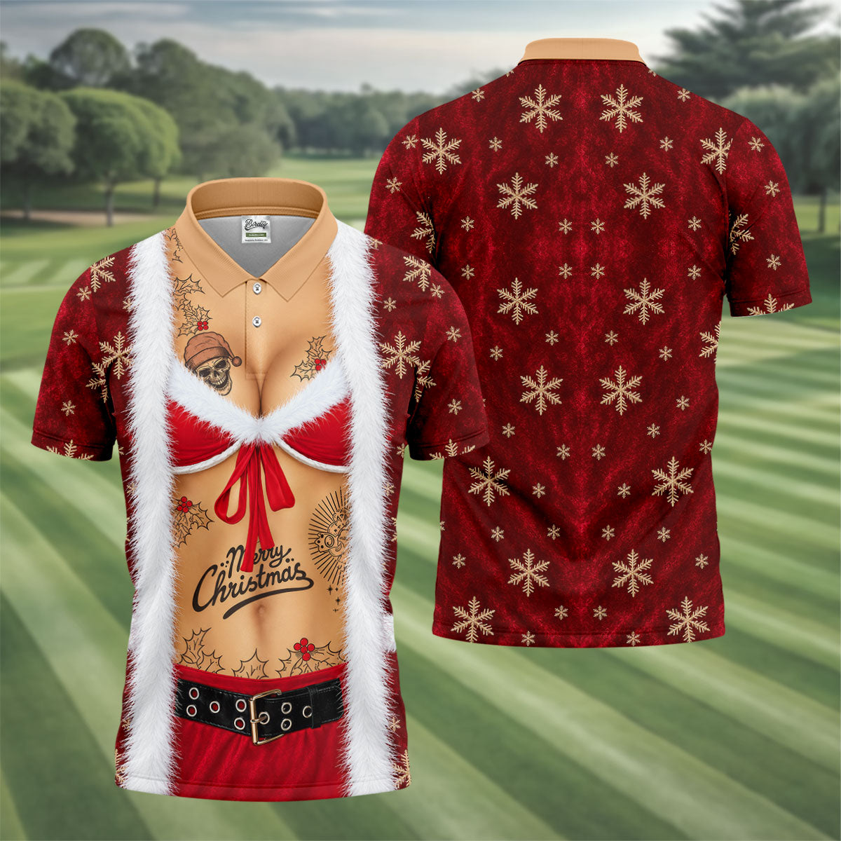 Merry Bikini Tattoo Santa Christmas Golf Shirt, Mens Golf Shirts, Mens Golf Apparel