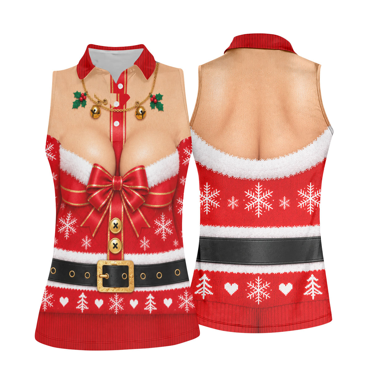 Busty Mrs Claus Red Bow Christmas Golf Shirt, Ladies Golf Tops, Golf Shirts For Women