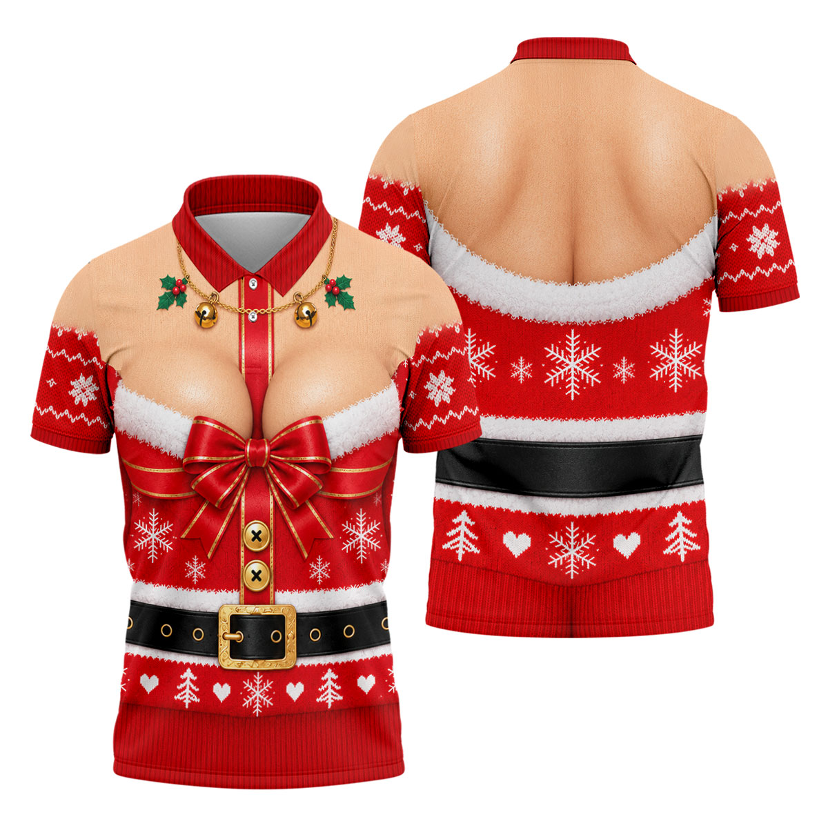 Busty Mrs Claus Red Bow Christmas Golf Shirt, Mens Golf Apparel, Golf Gifts For Men