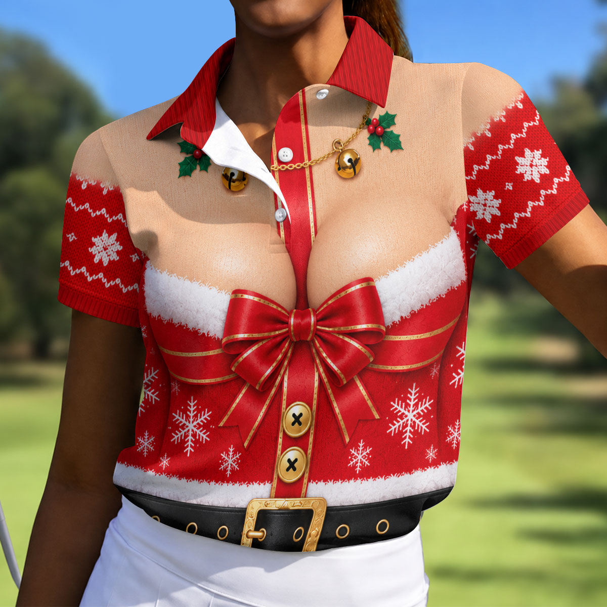 Busty Mrs Claus Red Bow Christmas Golf Shirt, Ladies Golf Tops, Golf Shirts For Women