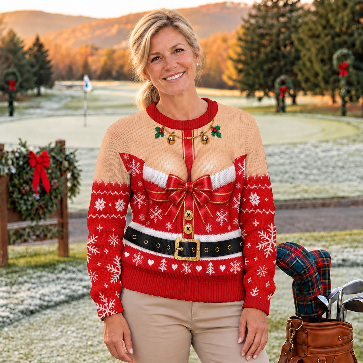 Busty Mrs Claus Red Bow Ugly Christmas Sweater, Ugly Sweater Party, Golf Lover Gifts