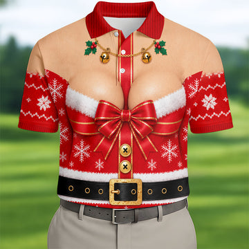 Busty Mrs Claus Red Bow Christmas Golf Shirt, Mens Golf Apparel, Golf Gifts For Men