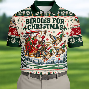 Birdies Santa Duck Sleigh Christmas Golf Shirt, Mens Golf Shirts, Mens Golf Apparel