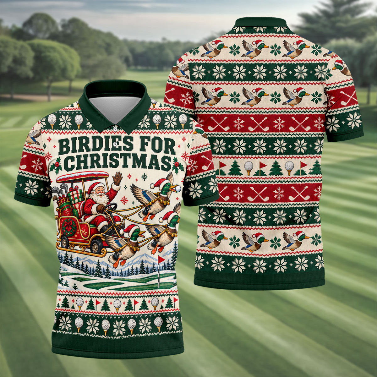 Birdies Santa Duck Sleigh Christmas Golf Shirt, Mens Golf Shirts, Mens Golf Apparel