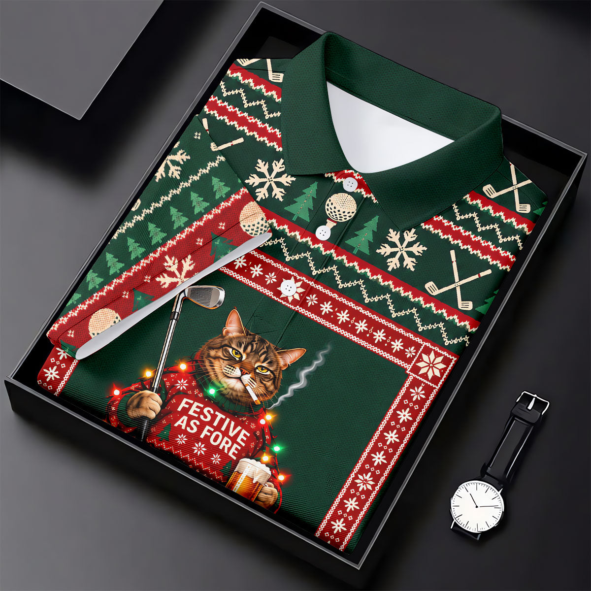 Festive As Fore Cat Beer Christmas Golf Shirt, Golf Gifts For Men, Mens Golf Clothing