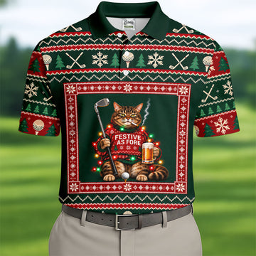 Festive As Fore Cat Beer Christmas Golf Shirt, Golf Gifts For Men, Mens Golf Clothing