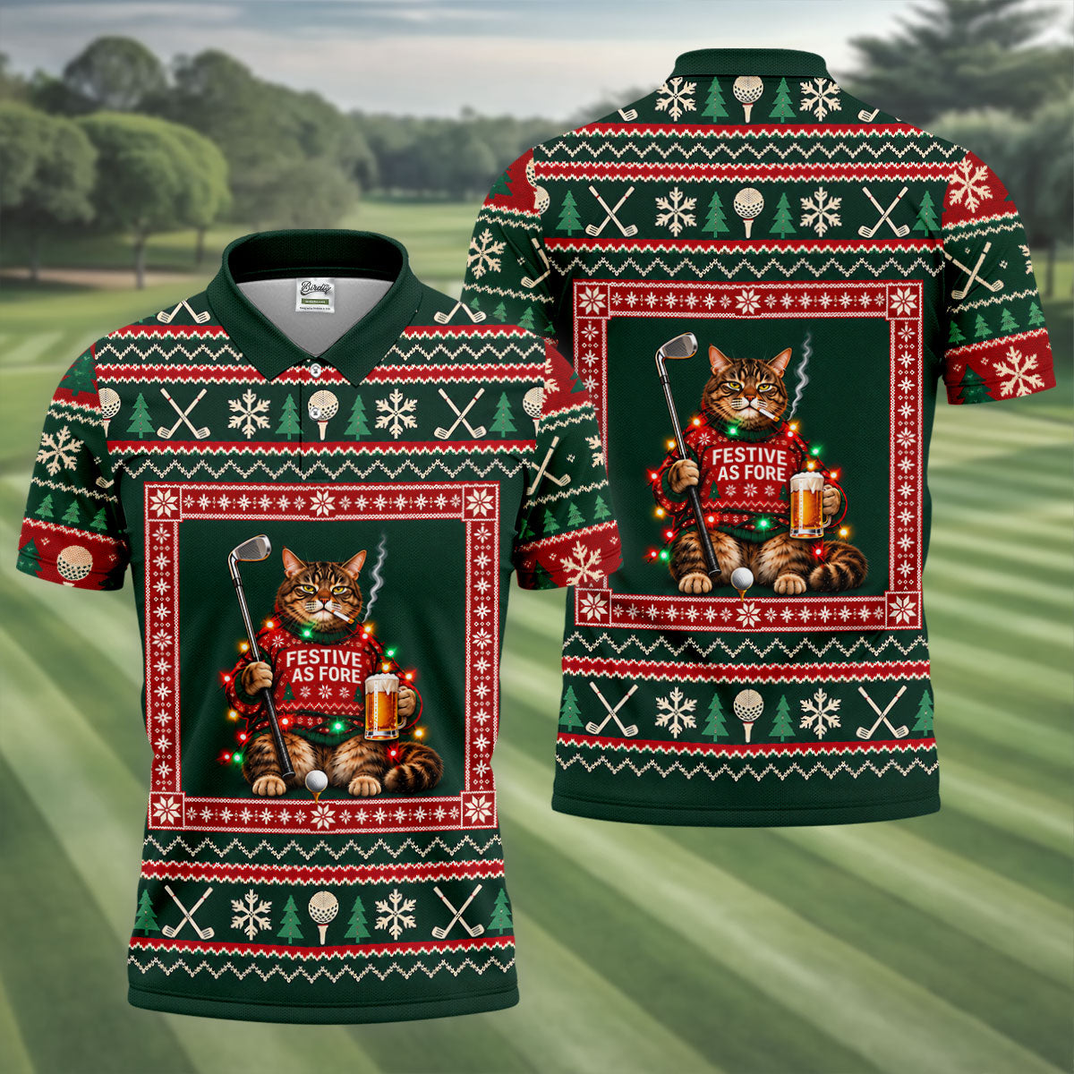Festive As Fore Cat Beer Christmas Golf Shirt, Golf Gifts For Men, Mens Golf Clothing