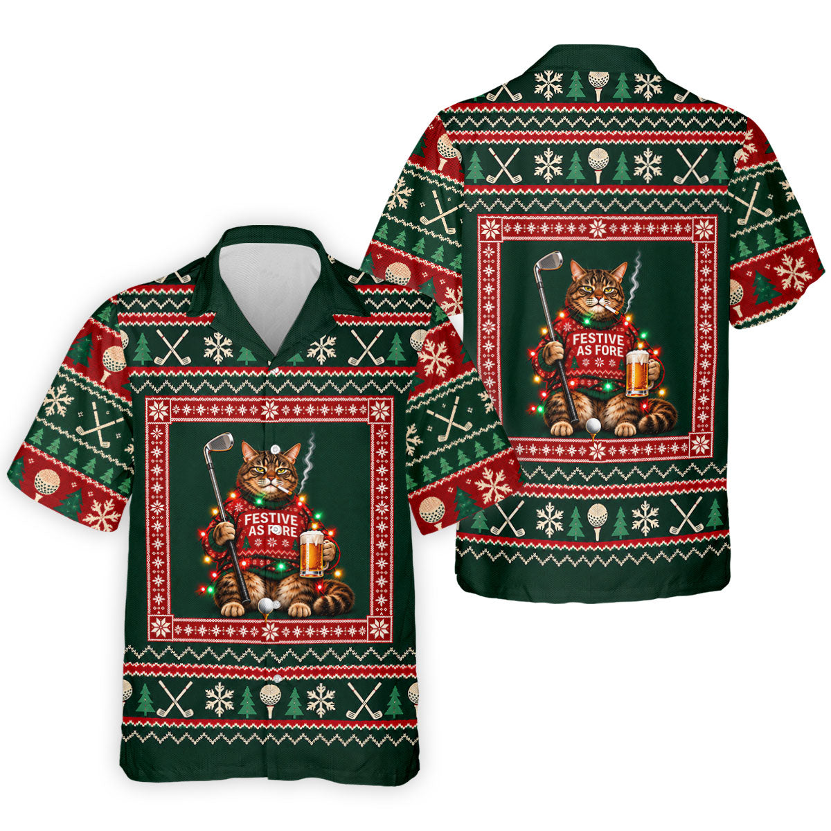 Festive As Fore Cat Beer Christmas Golf Shirt, Golf Gifts For Men, Mens Golf Clothing