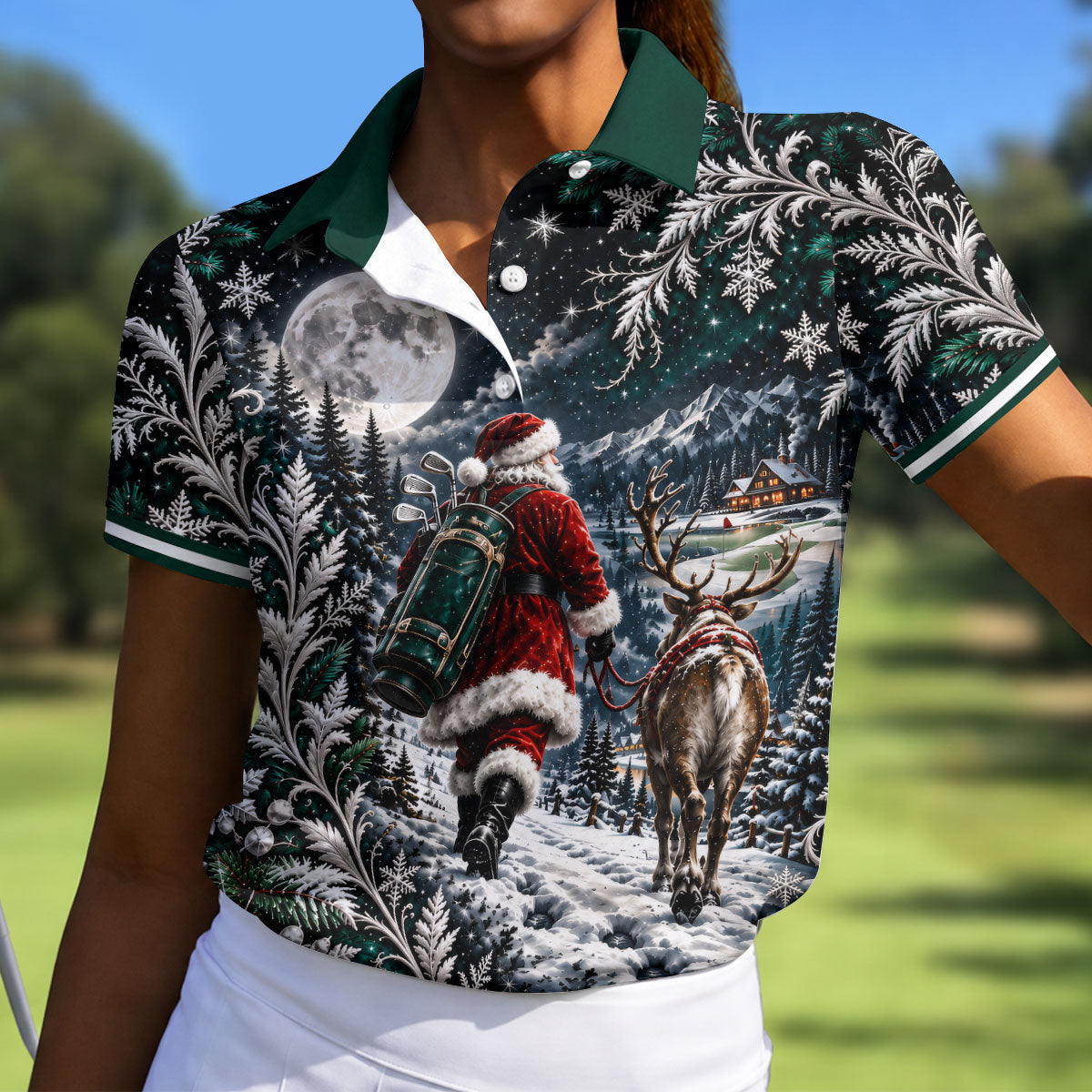 Moonlight Santa Reindeer Christmas Golf Shirt, Womens Golf Clothing, Womens Golf Tops