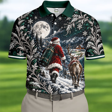 Moonlight Santa Reindeer Christmas Golf Shirt, Golf Shirts For Men, Golf Polo For Men