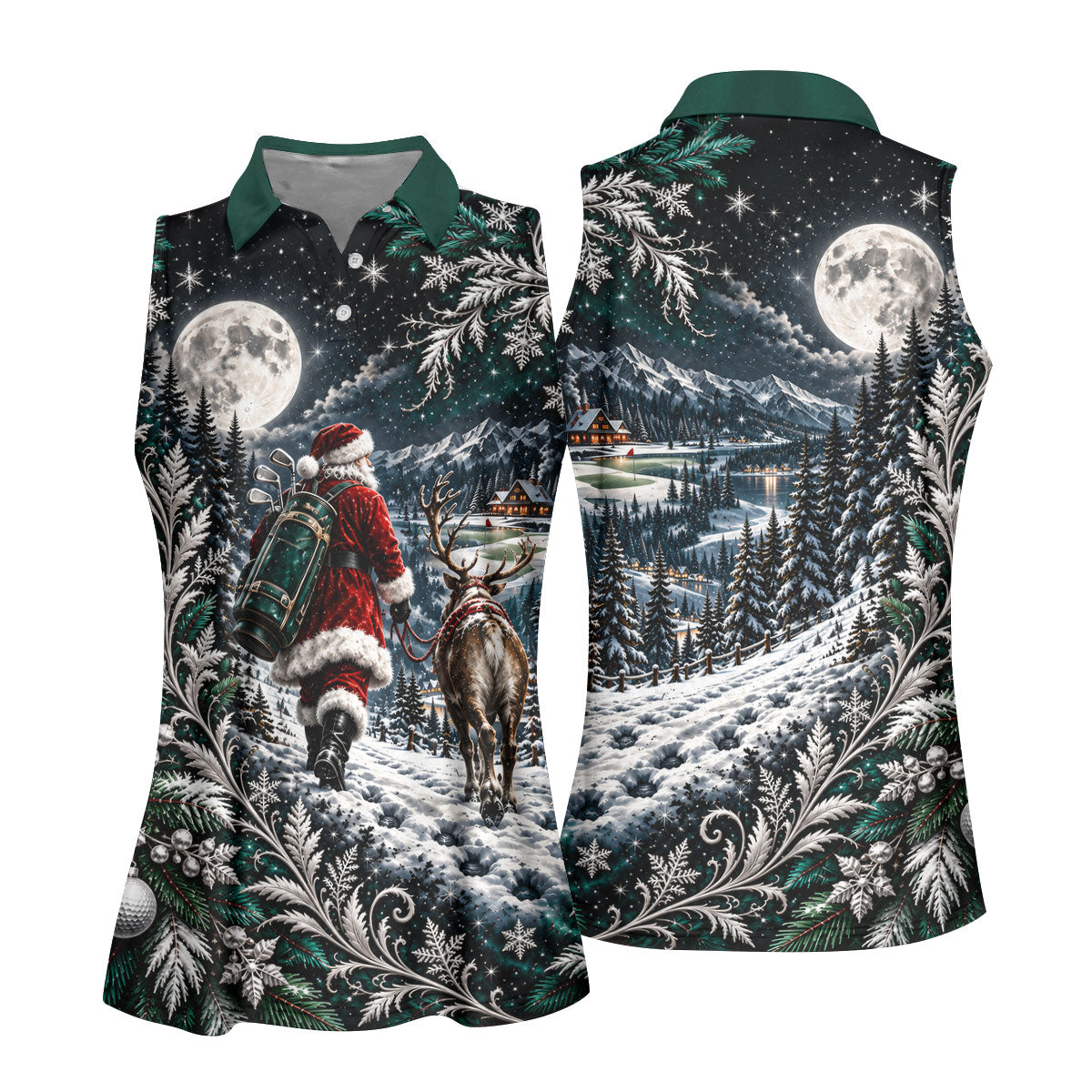Moonlight Santa Reindeer Christmas Golf Shirt, Womens Golf Clothing, Womens Golf Tops