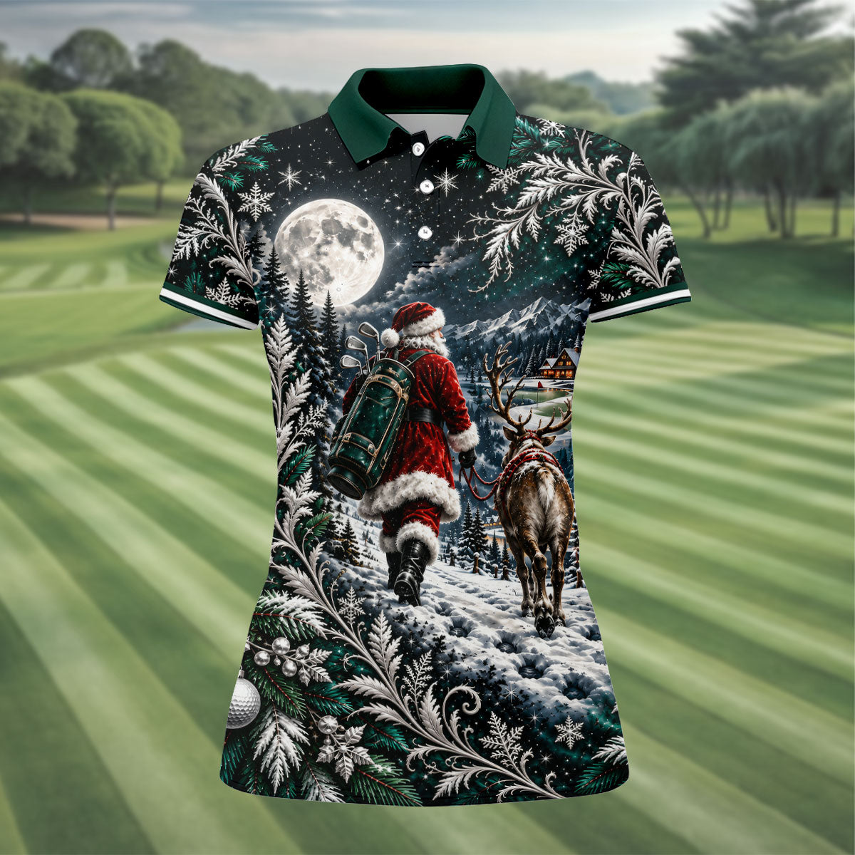 Moonlight Santa Reindeer Christmas Golf Shirt, Womens Golf Clothing, Womens Golf Tops