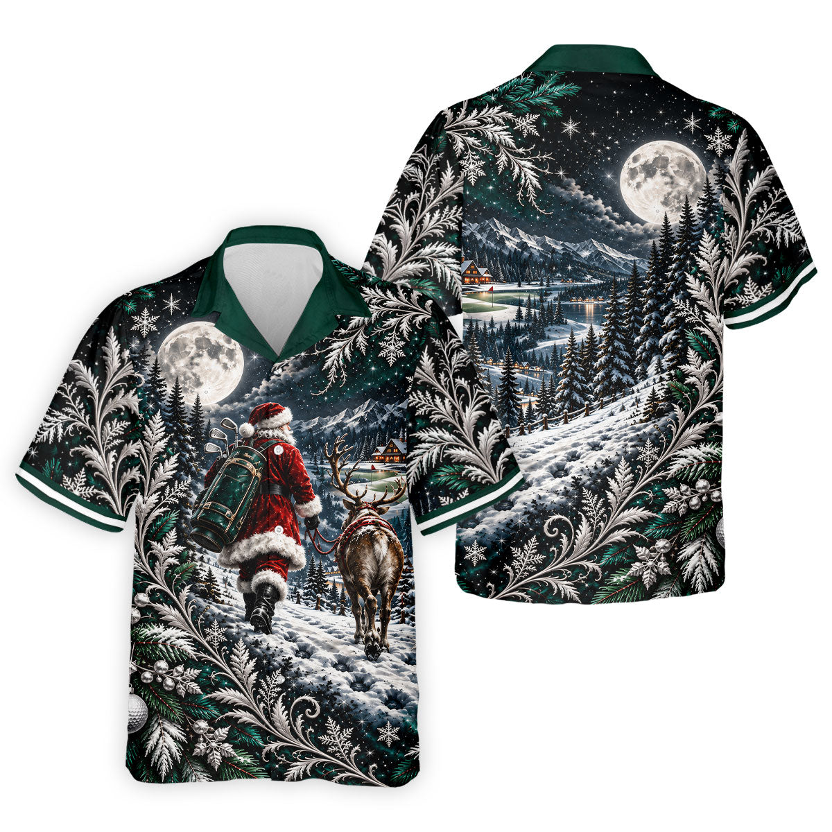 Moonlight Santa Reindeer Christmas Golf Shirt, Golf Shirts For Men, Golf Polo For Men