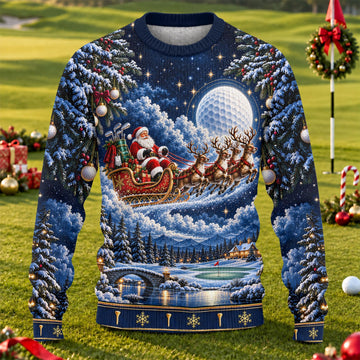 Santa Sleigh Golf Moon Ugly Christmas Sweater, Funny Holiday Sweater, Christmas Gifts