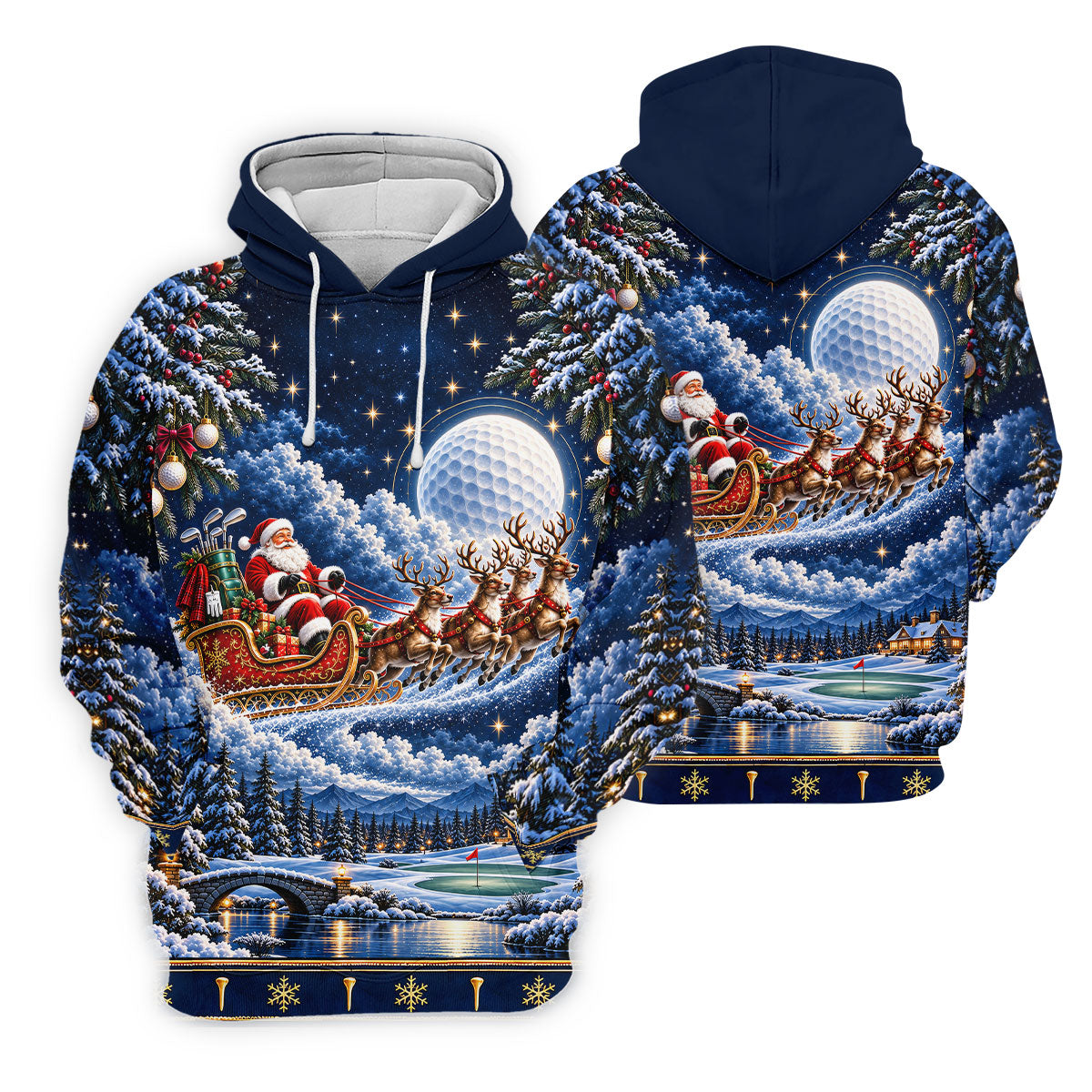 Santa Sleigh Golf Moon Christmas Golf Shirt, Mens Golf Polo, Mens Holiday Golf Shirts