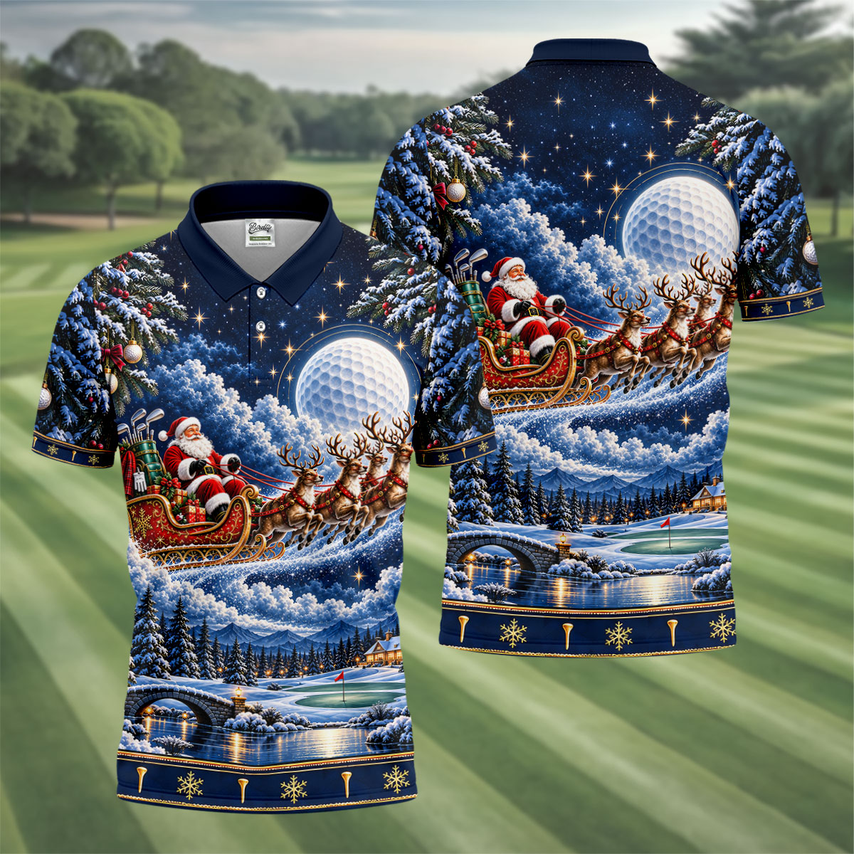 Santa Sleigh Golf Moon Christmas Golf Shirt, Mens Golf Polo, Mens Holiday Golf Shirts