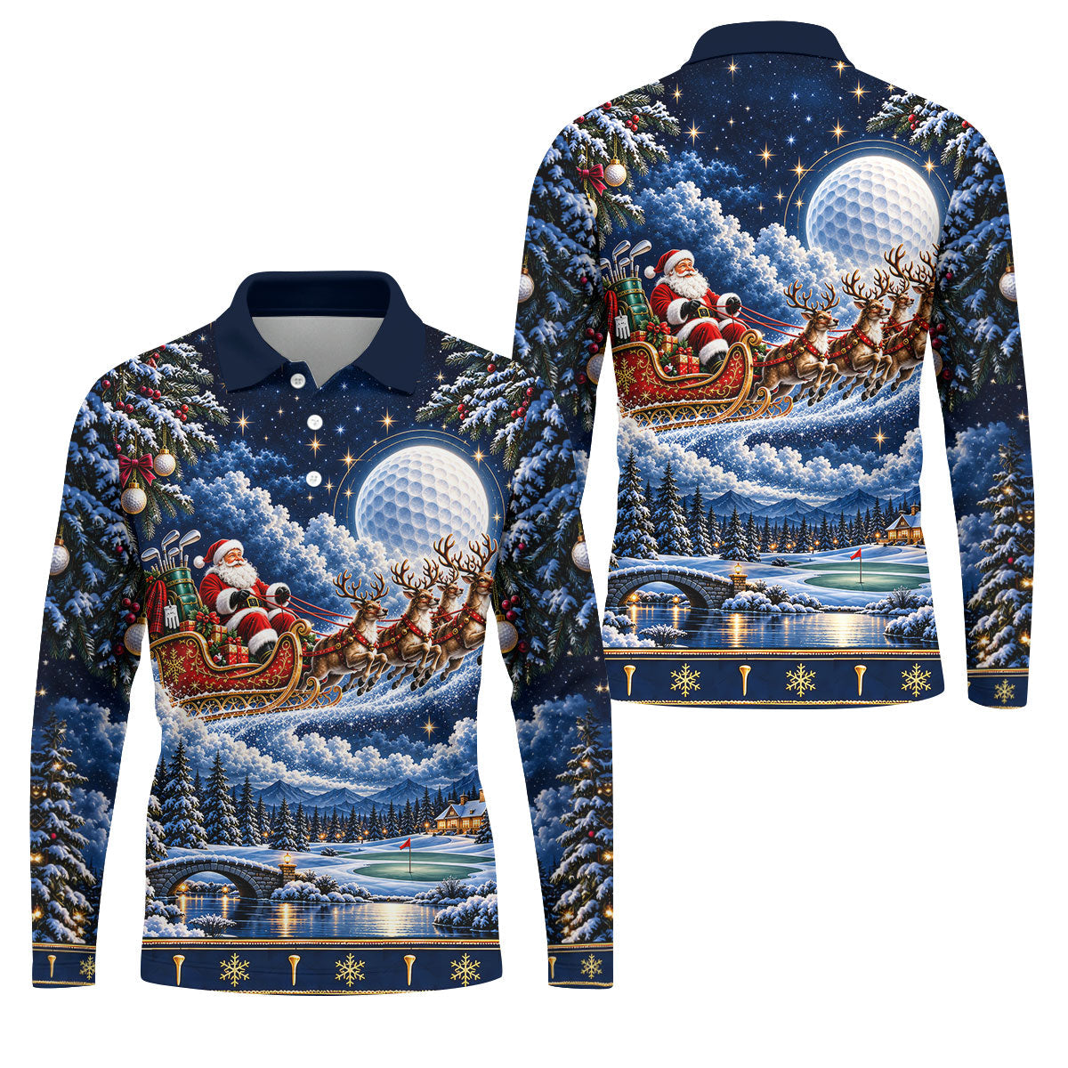 Santa Sleigh Golf Moon Christmas Golf Shirt, Mens Golf Polo, Mens Holiday Golf Shirts