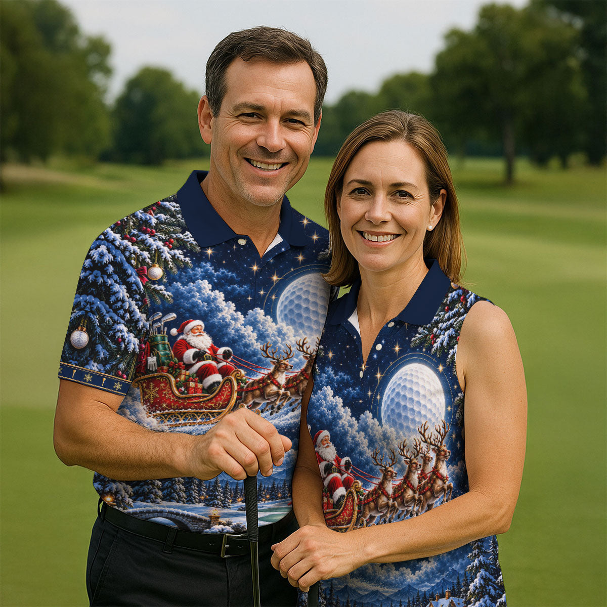 Santa Sleigh Golf Moon Christmas Golf Shirt, Mens Golf Polo, Mens Holiday Golf Shirts