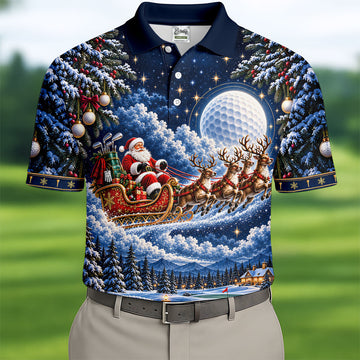 Santa Sleigh Golf Moon Christmas Golf Shirt, Mens Golf Polo, Mens Holiday Golf Shirts