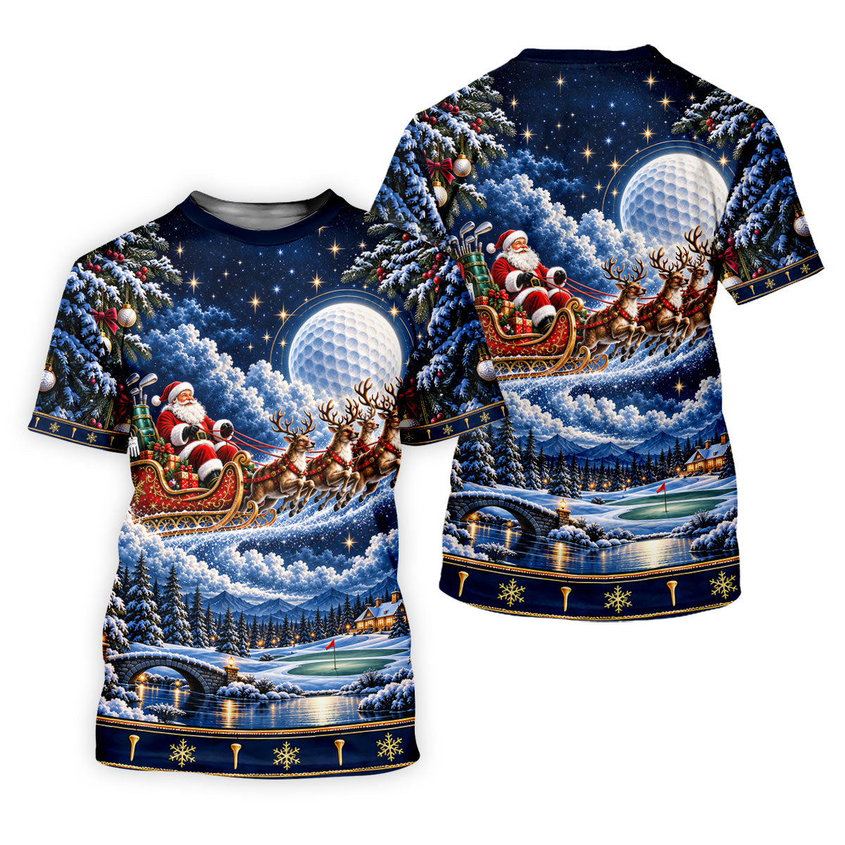 Santa Sleigh Golf Moon Christmas Golf Shirt, Mens Golf Polo, Mens Holiday Golf Shirts
