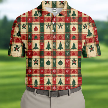 Tree Patchwork Plaid Christmas Golf Shirt, Golf Shirts For Men, Mens Golf Apparel