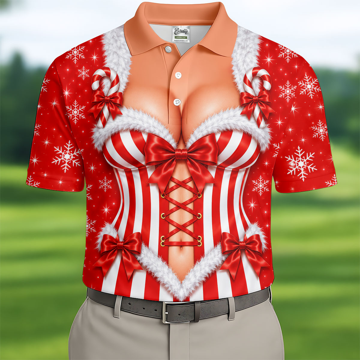 Candy Stripe Corset Christmas Golf Shirt, Mens Golf Polo, Funny Mens Golf Shirts