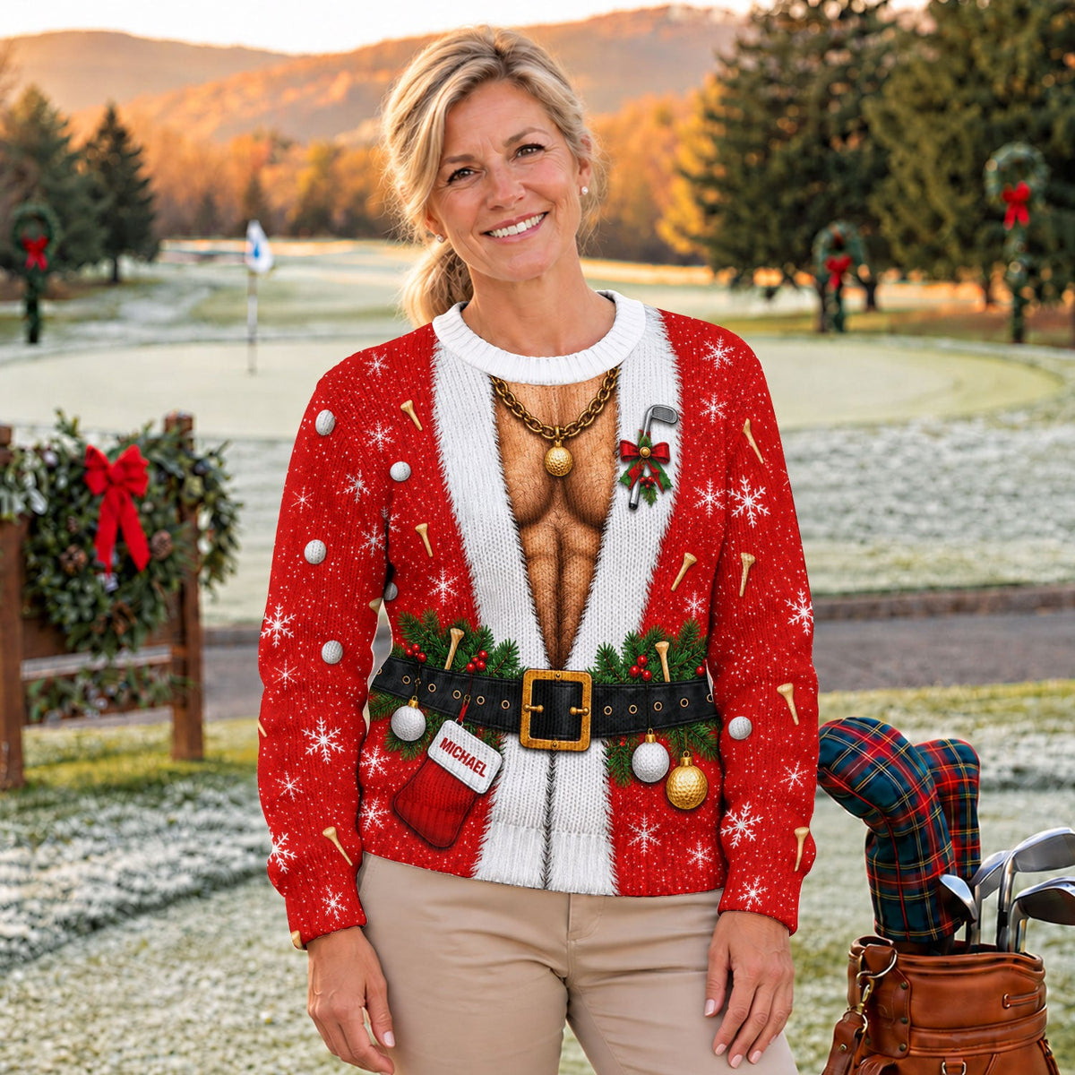 Custom Name Hairy Santa Ugly Christmas Sweater, Christmas Golf Gift, Funny Xmas Gift