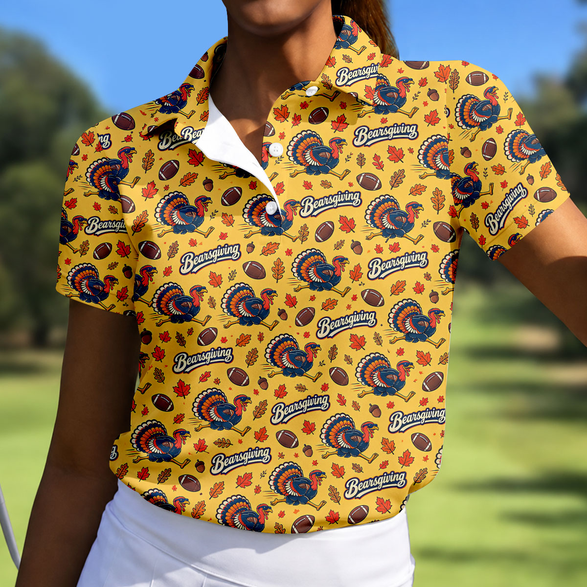 Yellow Turkey Leaves Thanksgiving Golf Shirt, Ladies Golf Shirts, Womens Golf Apparel
