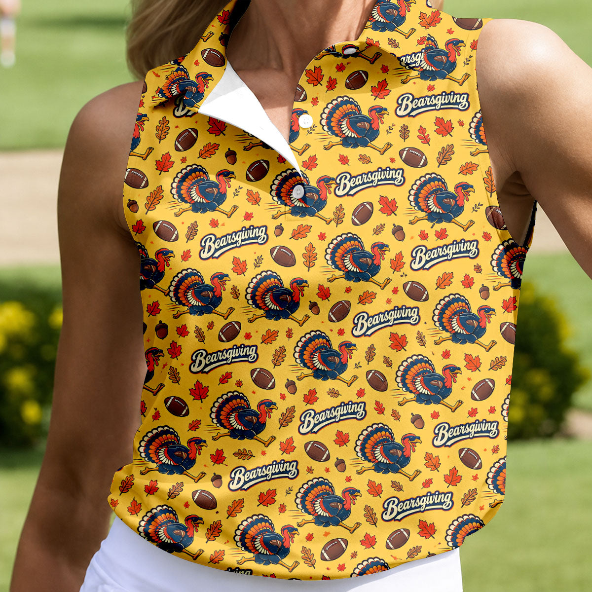 Yellow Turkey Leaves Thanksgiving Golf Shirt, Ladies Golf Shirts, Womens Golf Apparel