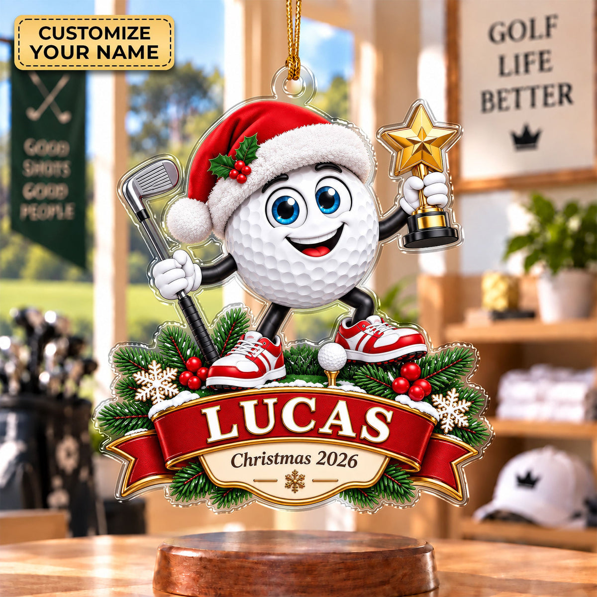Custom Golf Ball Santa Acrylic Ornament, Christmas Decorations, Golf Ball Gifts