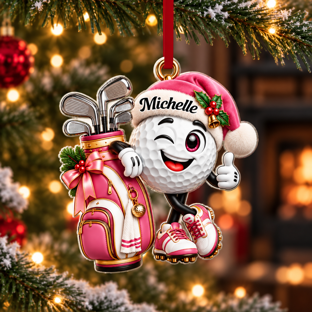 Custom Name Golf Ball Santa Hat Acrylic Ornament, Christmas Ornaments, Golfer Gifts