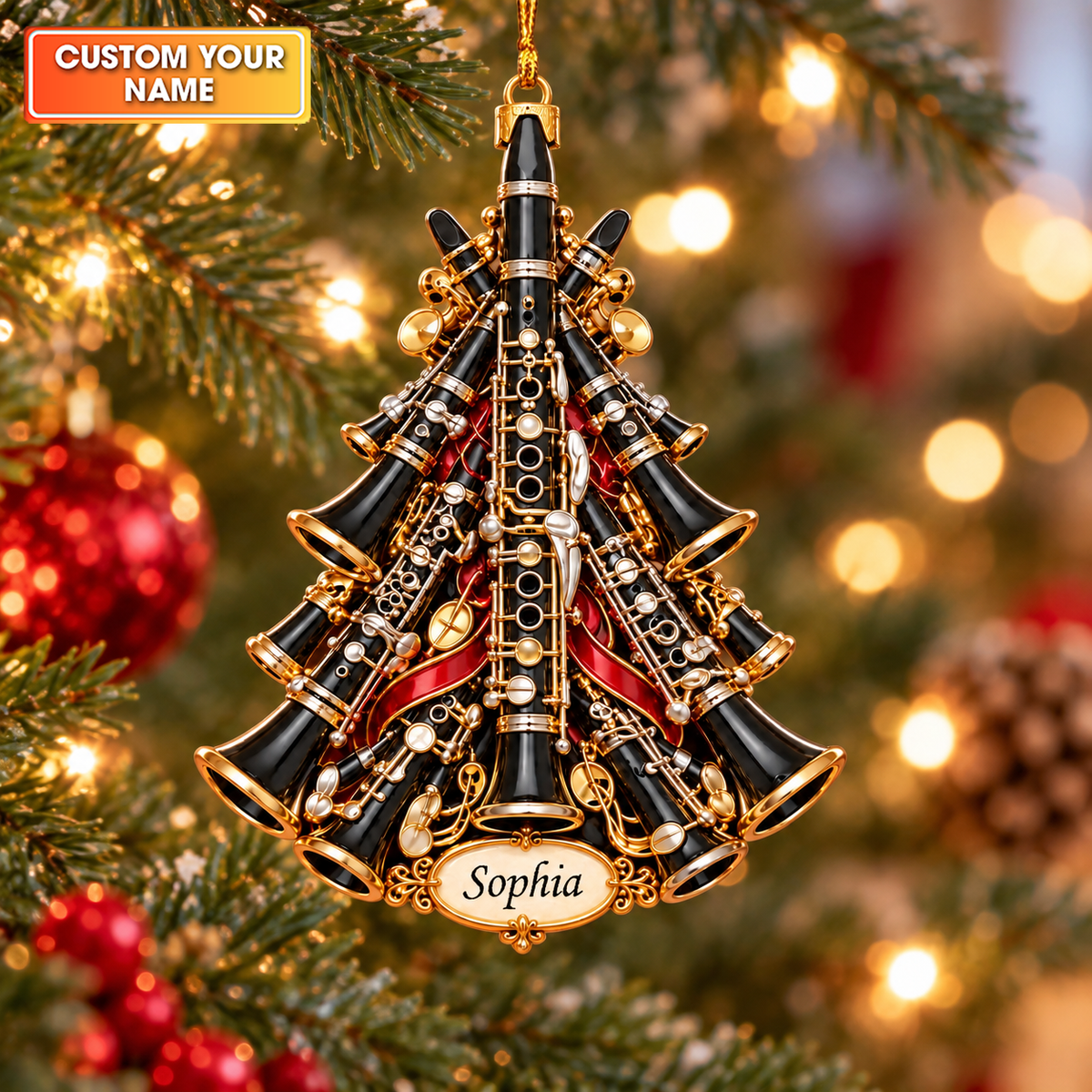 Custom Name Clarinet Tree Acrylic Ornament, Christmas Ornaments, Music Lover Gifts