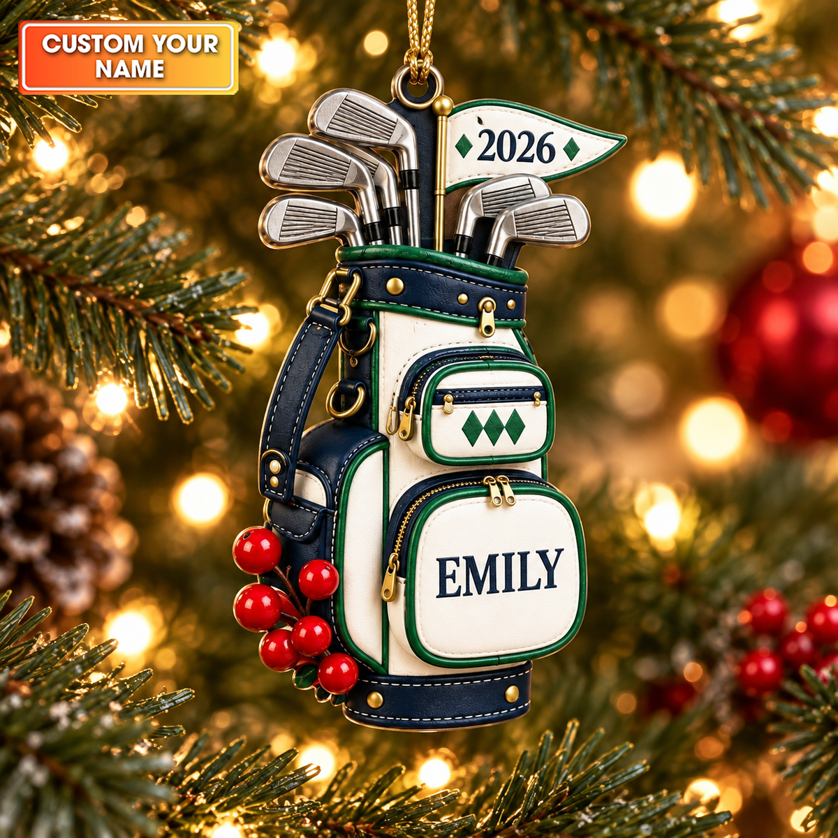Custom Name Year Navy Golf Bag Acrylic Ornament, Christmas Gifts, Holiday Keepsake