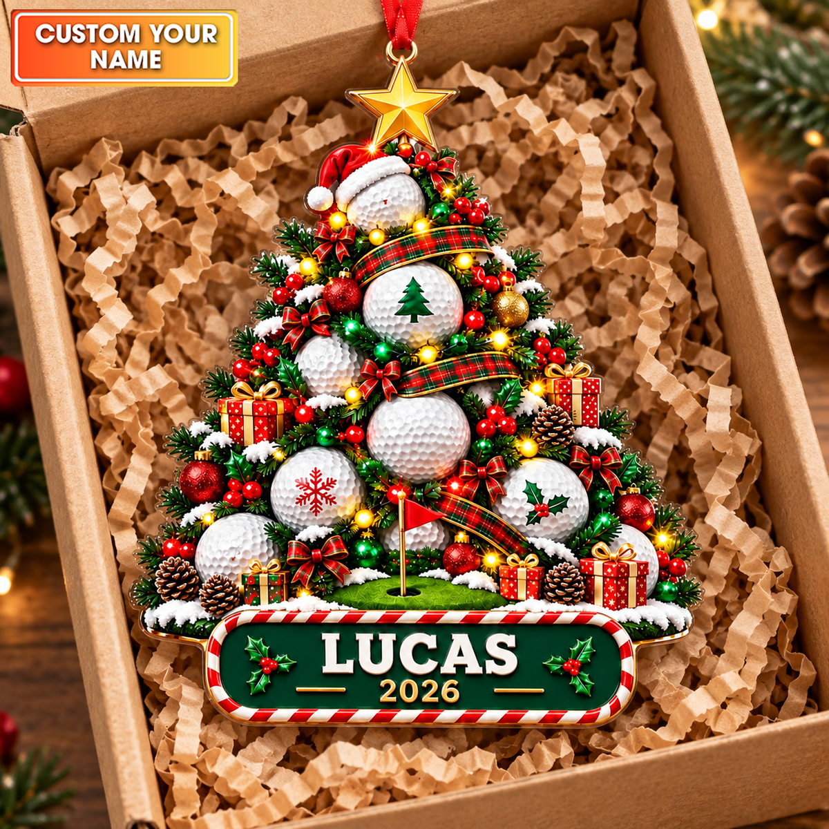 Custom Name Year Golf Ball Tree Acrylic Ornament, Christmas Tree Decor, Golf Gifts