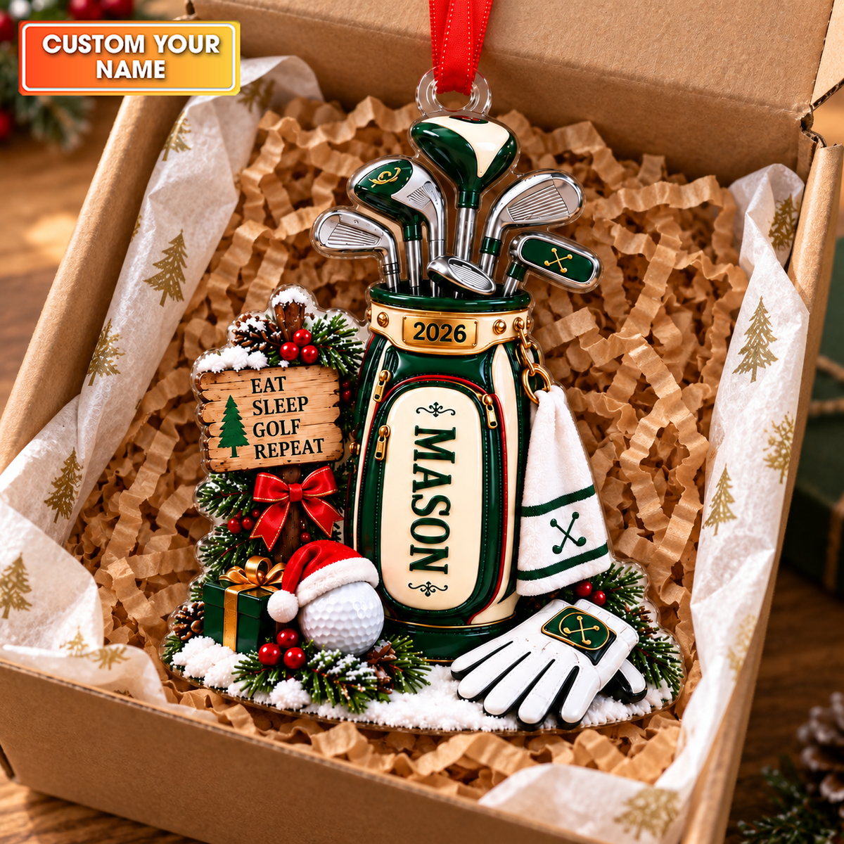 Custom Name Year Eat Sleep Golf Repeat Acrylic Ornament, Christmas Gifts, Golf Gifts