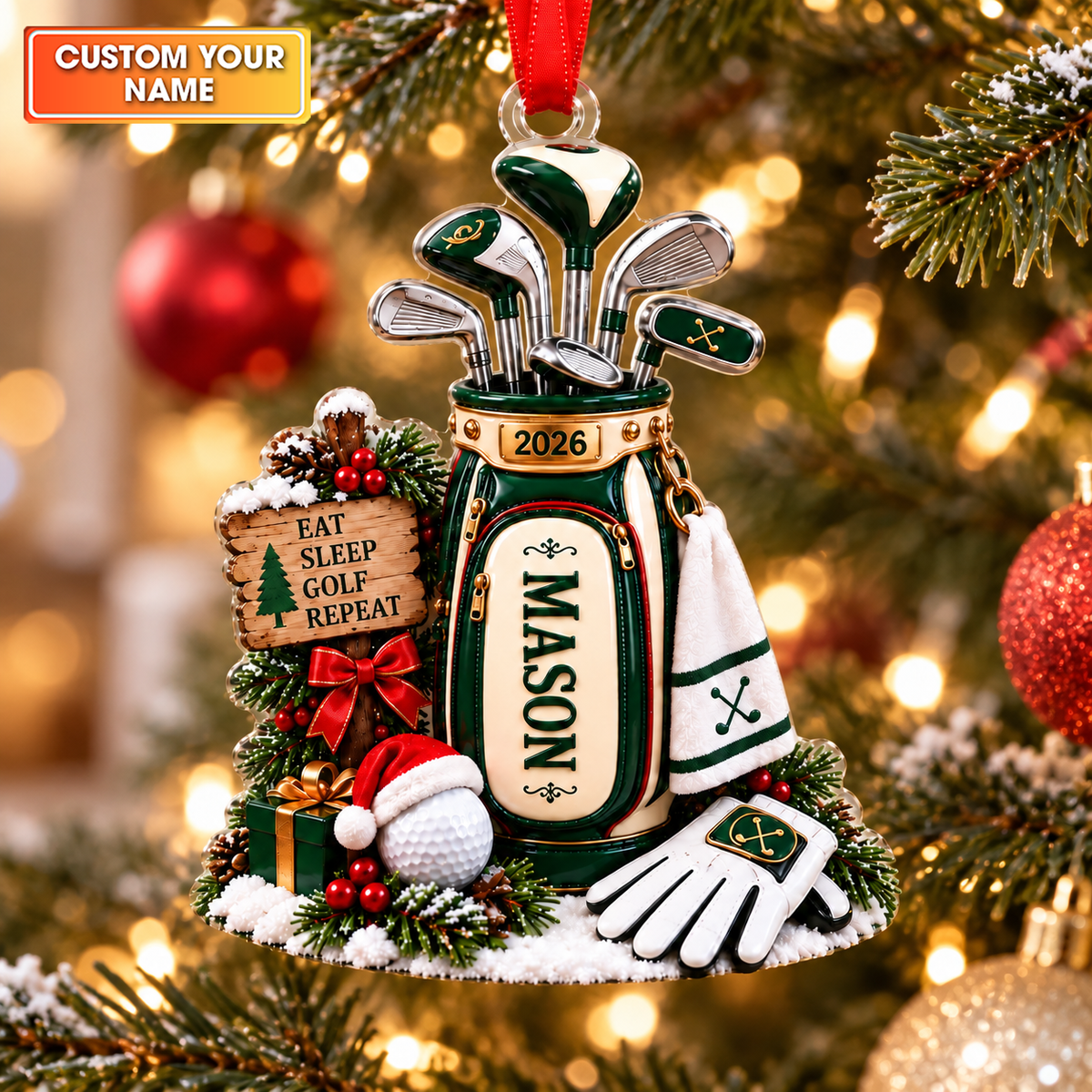Custom Name Year Eat Sleep Golf Repeat Acrylic Ornament, Christmas Gifts, Golf Gifts