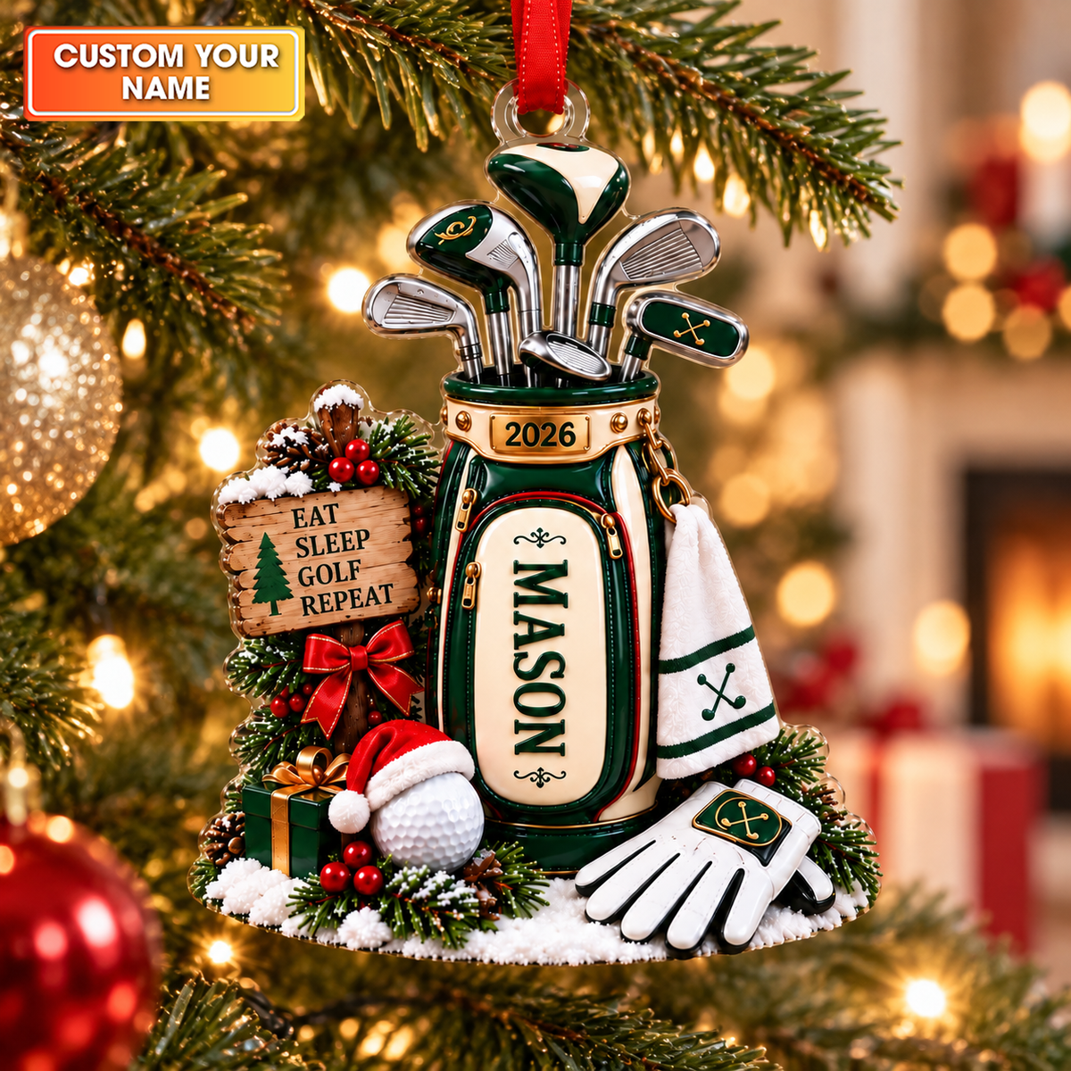 Custom Name Year Eat Sleep Golf Repeat Acrylic Ornament, Christmas Gifts, Golf Gifts